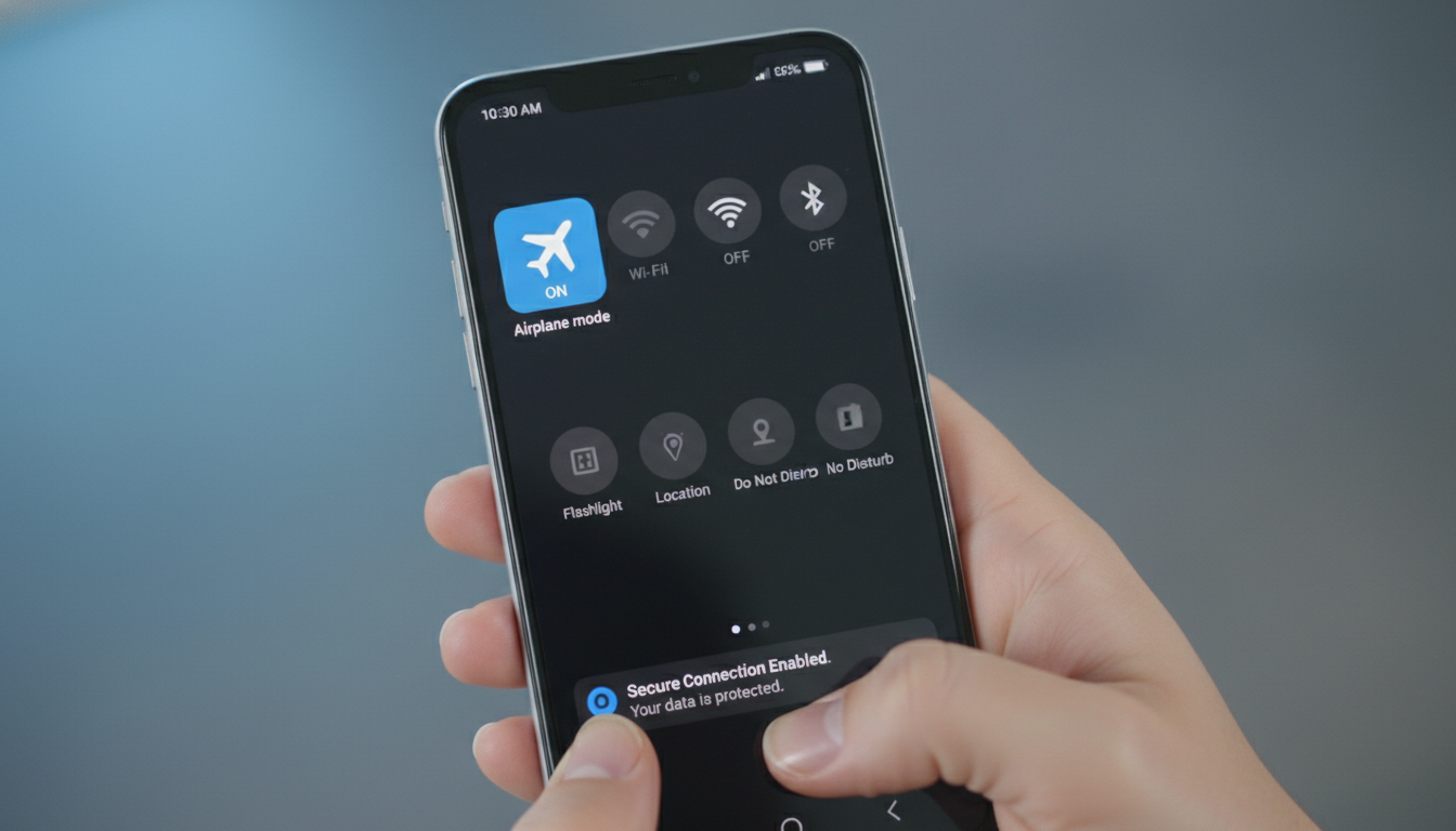 스마트폰 상단 바에서 비행기 모드를 활성화하는 손의 모습
