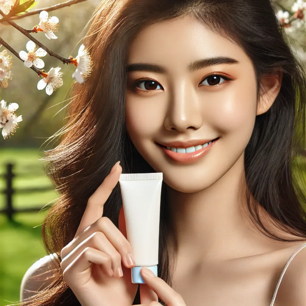 봄 햇살 아래 선크림 튜브를 들고 미소 짓는 동양인 여성