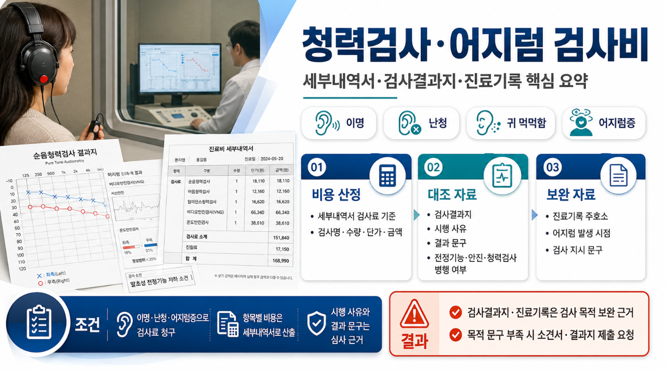 이명, 난청, 귀 먹먹함, 어지럼증 검사비 청구를 위한 세부내역서와 검사결과지 대조 기준