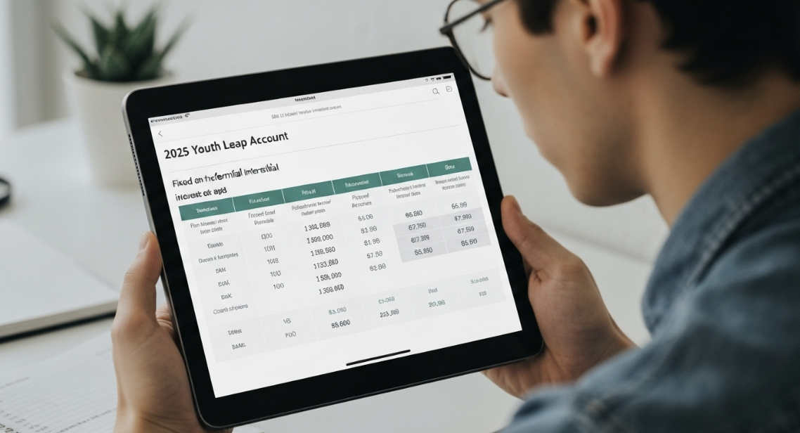 주요 은행별 청년도약계좌 금리와 우대금리를 비교하는 디지털 태블릿 화면과 선택하는 사람의 모습