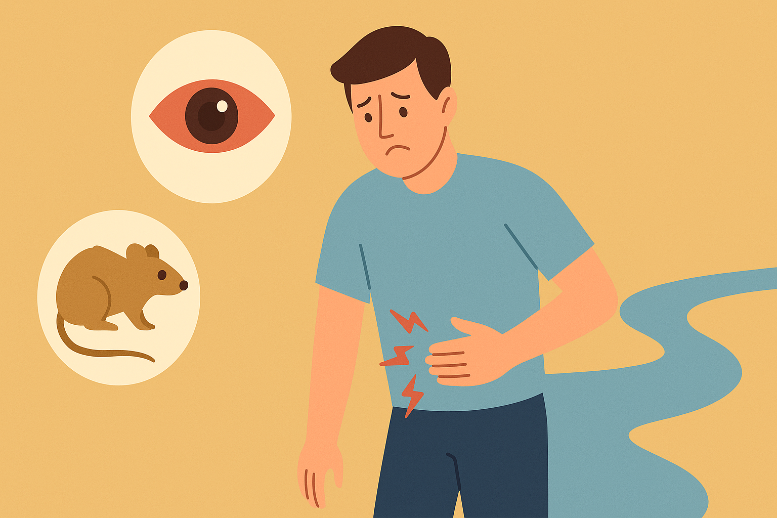 복통을 호소하는 남성과 쥐, 결막 충혈을 상징하는 일러스트 (렙토스피라증 증상 묘사)
