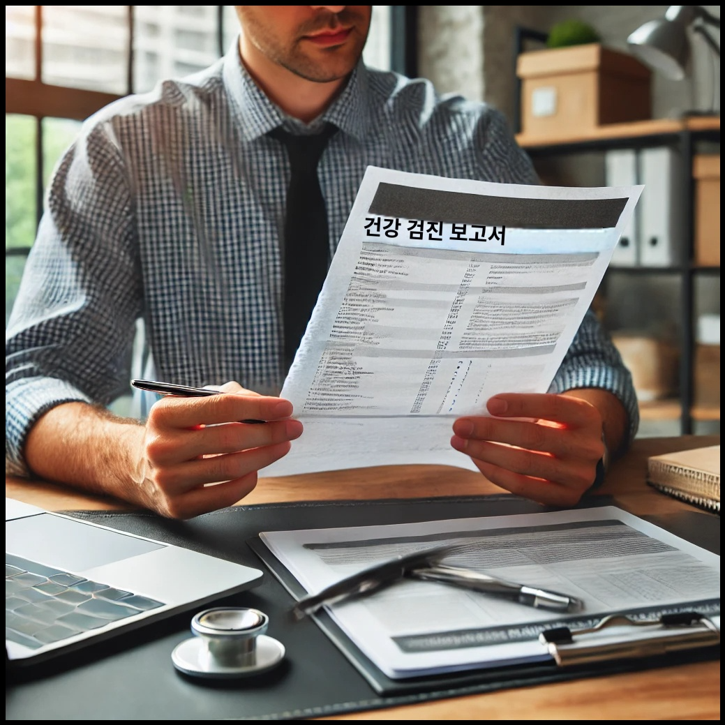 직장인이 책상에서 건강 검진 결과 종이를 들고 보고 있는 모습, 사무실 환경에서 집중하는 표정