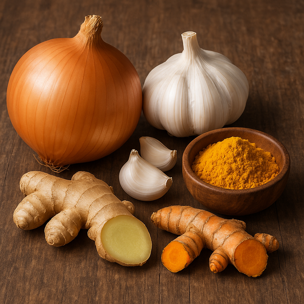 양파, 마늘, 강황, 생강 : 케르세틴(양파), 알리신(마늘), 커큐민(강황), 진저롤/쇼가올(생강) - 혈관 건강, 살균, 항산화