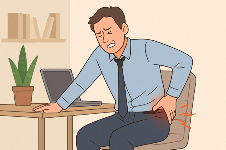 골반에 통증을 느끼는 남자