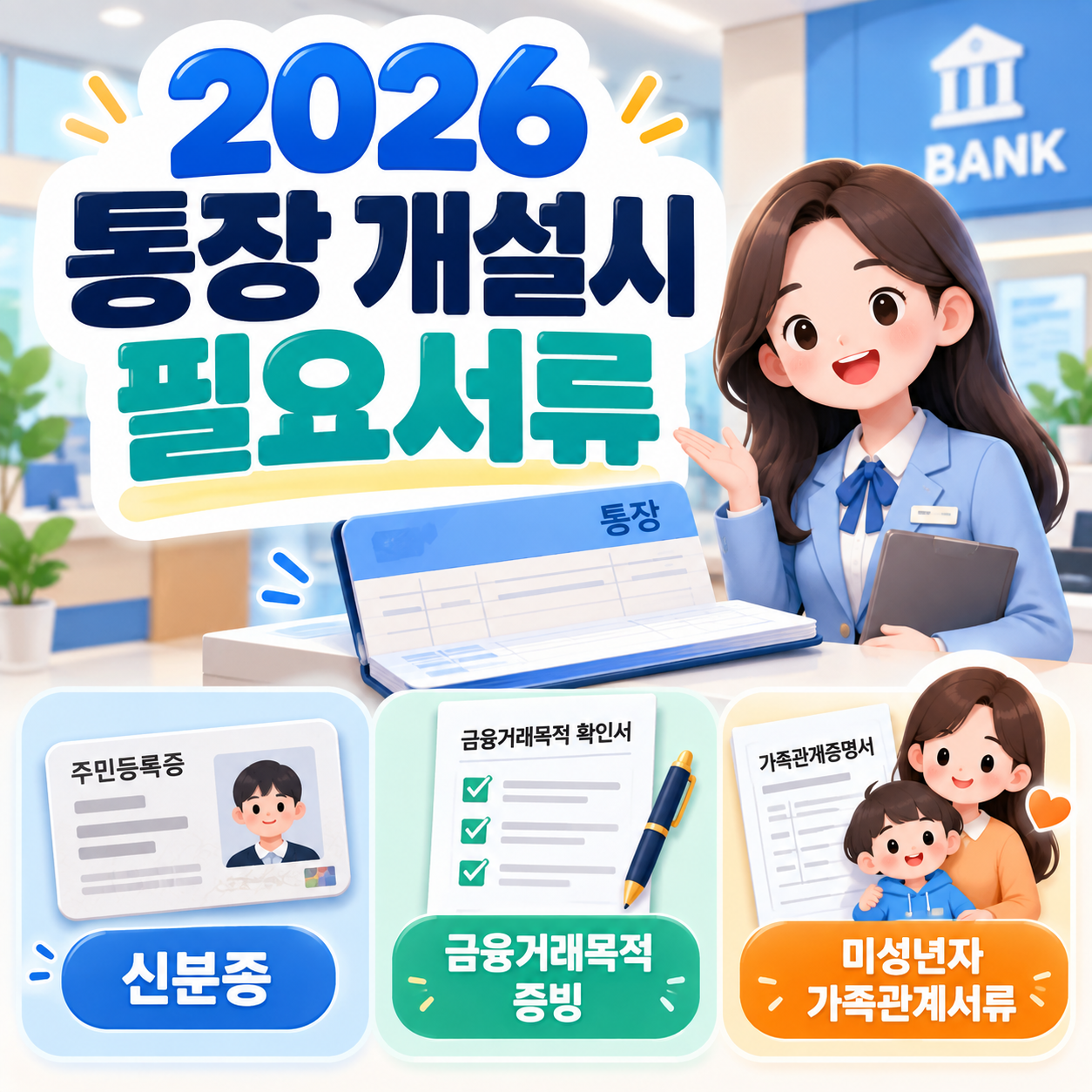 2026 통장개설시 필요서류 ❘ 신분증&middot;금융거래목적 증빙, 미성년자 가족관계서류까지