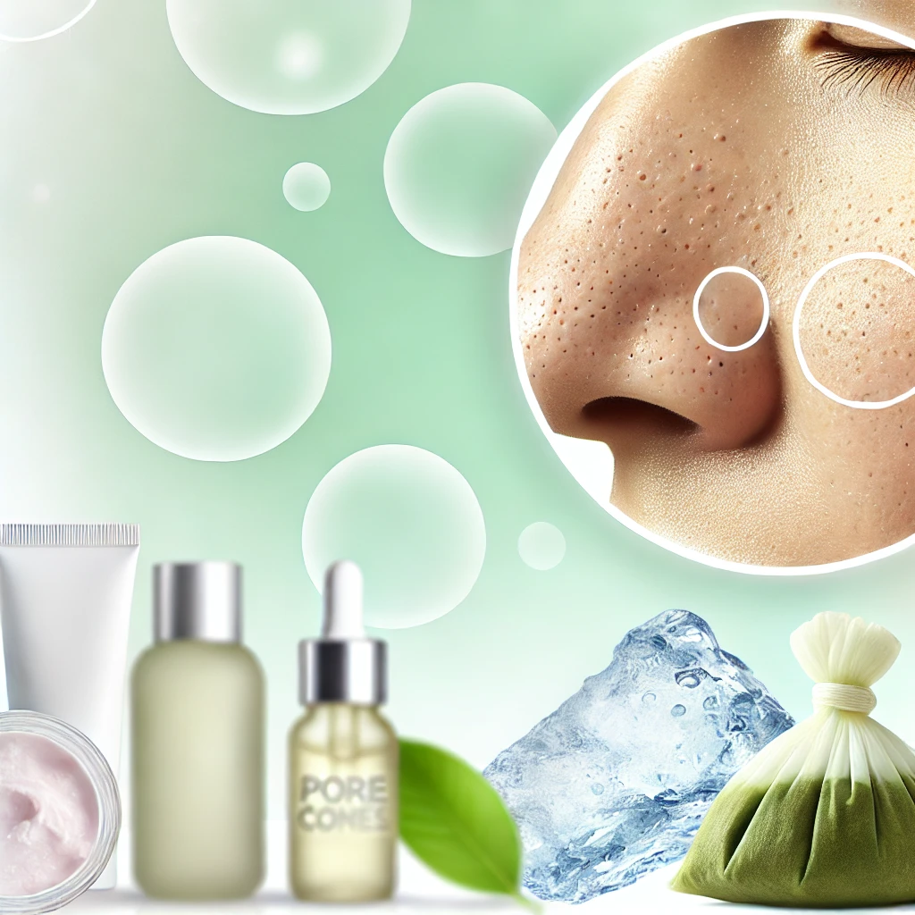매끄럽고 깨끗한 피부에 모공이 줄어든 모습과 함께 클렌저, 토너, 클레이 마스크, 냉동 녹차 티백이 놓인 스킨케어 제품들이 배치된 이미지. 배경은 파스텔 톤으로 청결하고 신선한 느낌을 강조.
