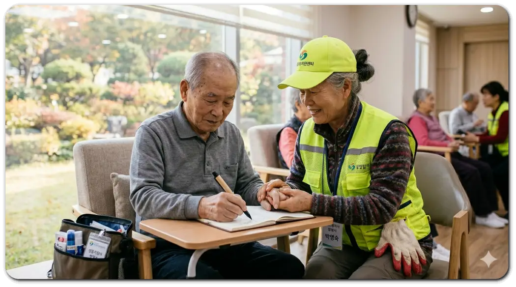 노인 돌봄 지원사가 노인을 돌봐주고 있다.