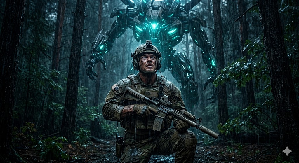 Alan Ritchson as a heavily muscled US Army Ranger in muddy tactical gear, holding an assault rifle, looking up in terror at a glowing alien mechanical entity in a dark rainy forest.