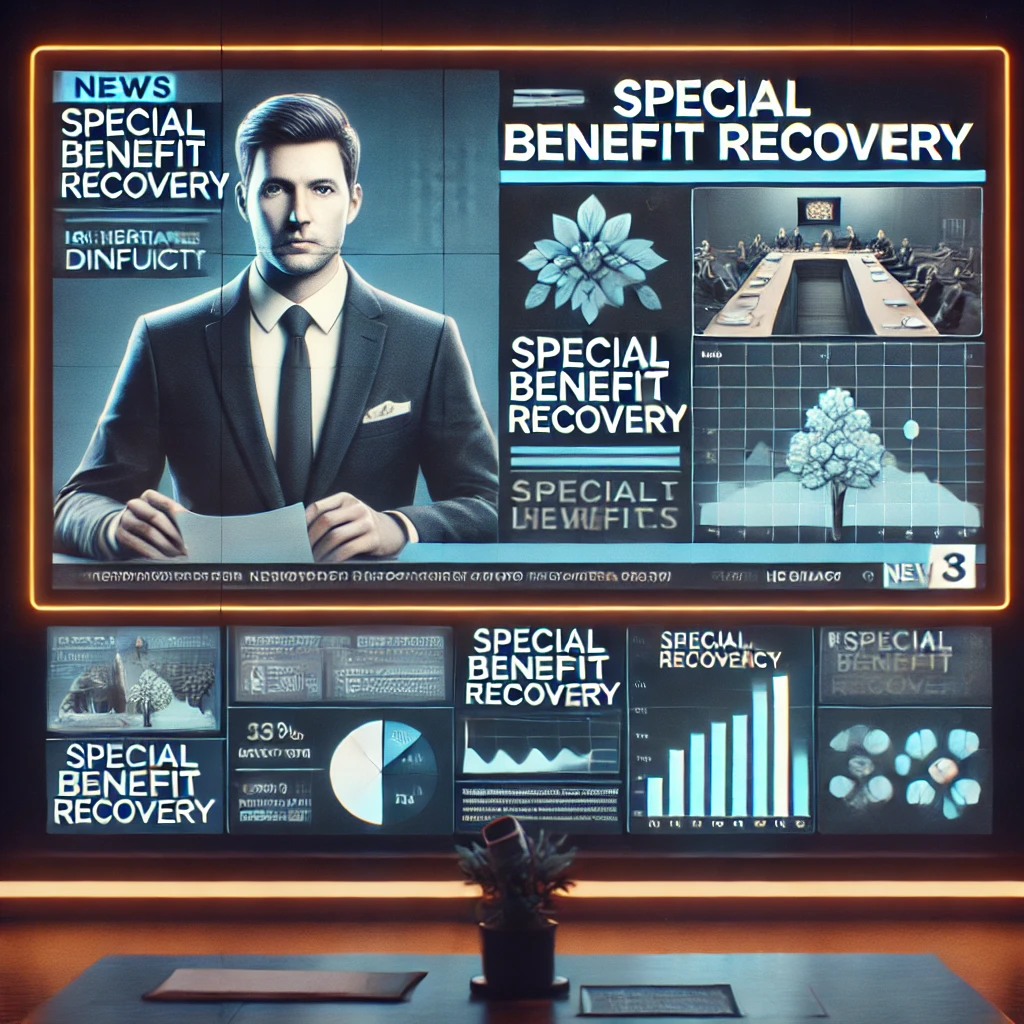 상속 분쟁 뉴스: TV 화면에 상속 분쟁 관련 뉴스가 보도되고, 화면 아래 자막에는 '특별수익 반환' 등의 키워드가 강조되어 있는 모습.