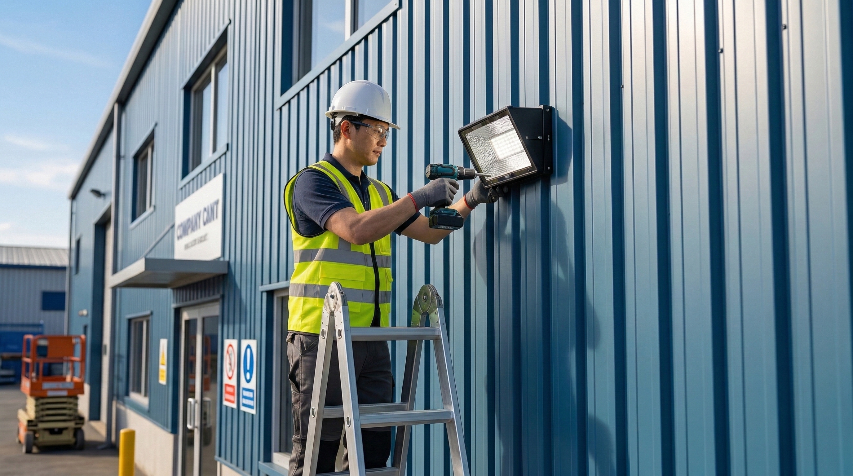 건물 외벽에 조명등을 설치하고 있는 모습