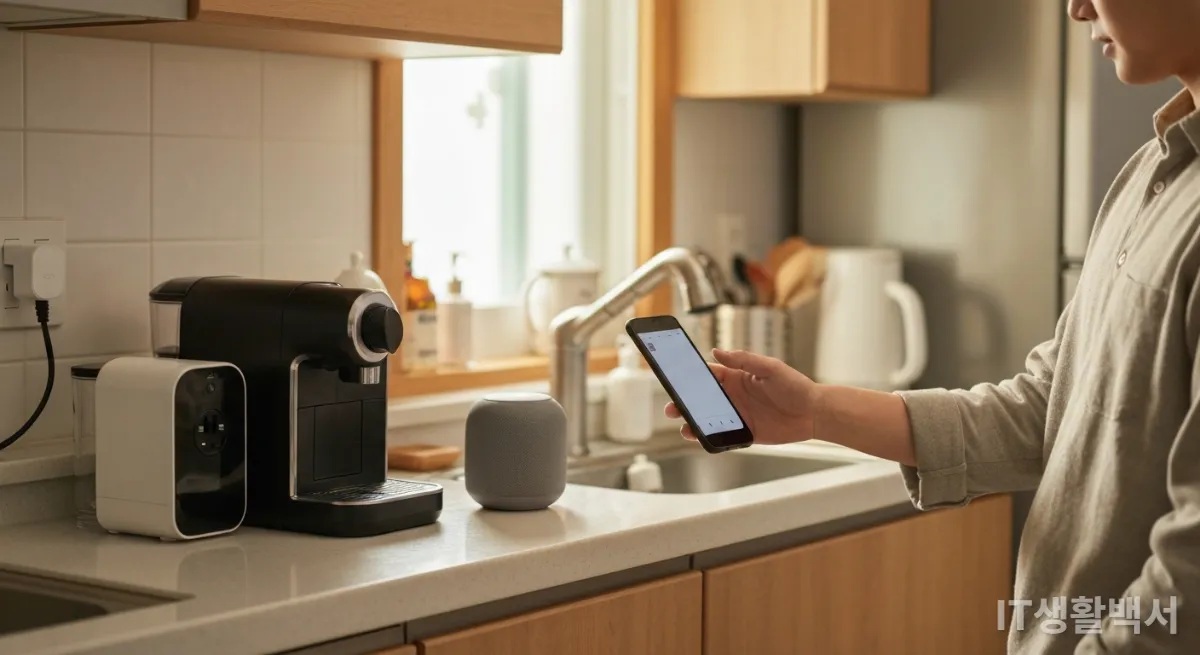 스마트 플러그와 스마트 스피커가 있는 주방에서 IT 기기를 활용하는 모습