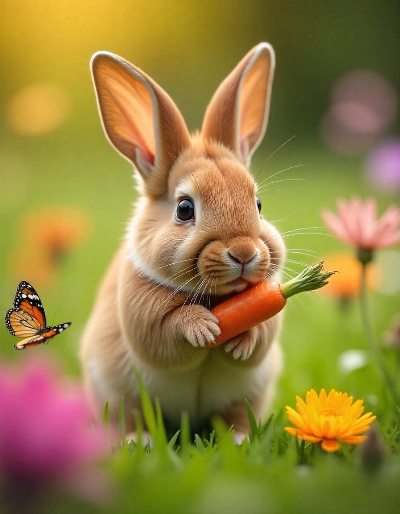 풀 밭 위 당근을 들고 있는 토끼