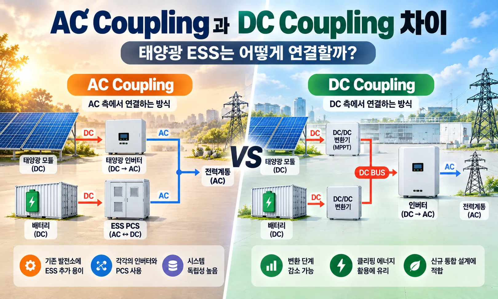 AC Coupling과 DC Coupling 차이 및 태양광 ESS 연결 구조를 비교한 대표 인포그래픽