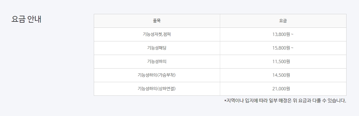 기능성 의류 및 아웃도어 세탁 가격표