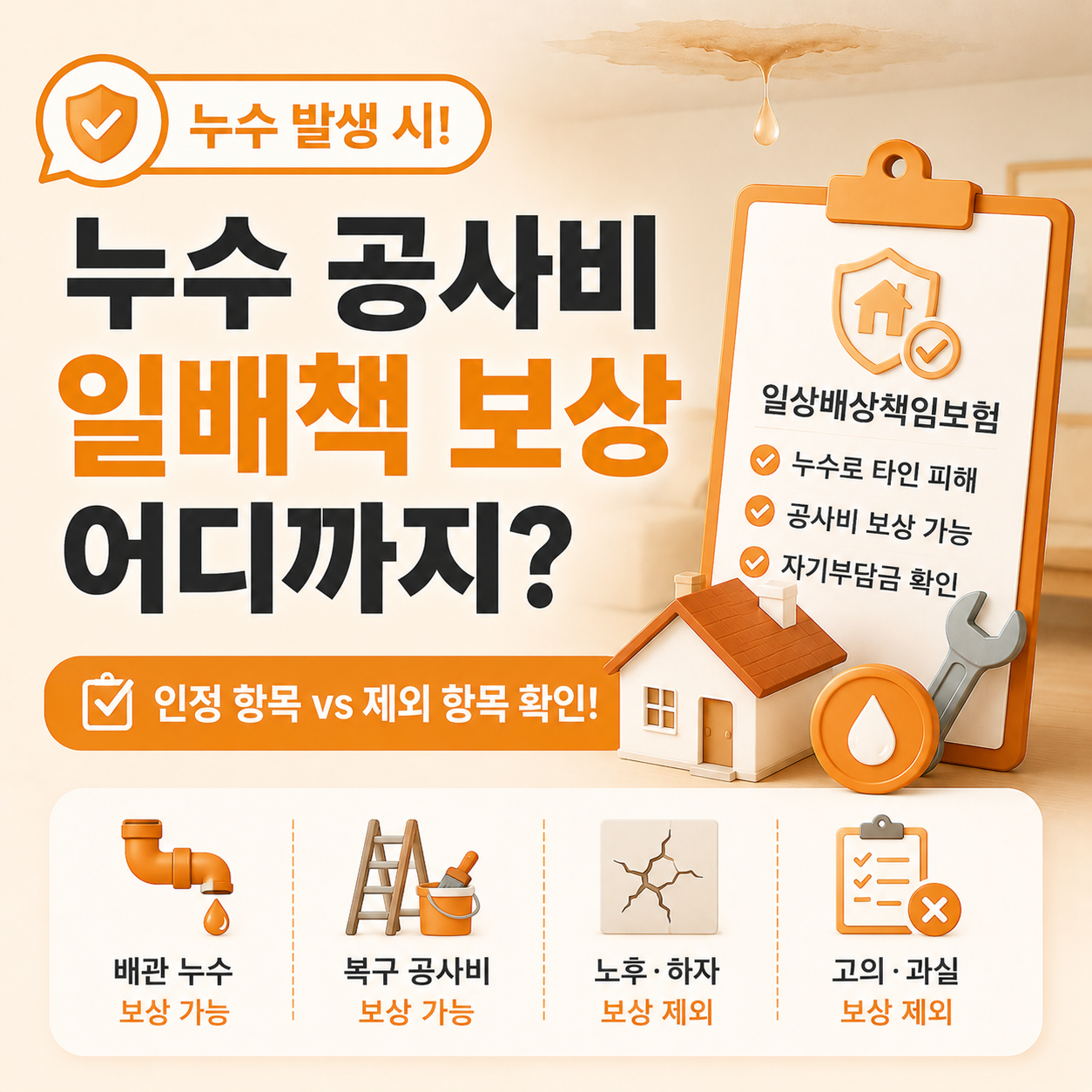 누수 공사비 일배책 보상 인정 범위 설명 이미지
