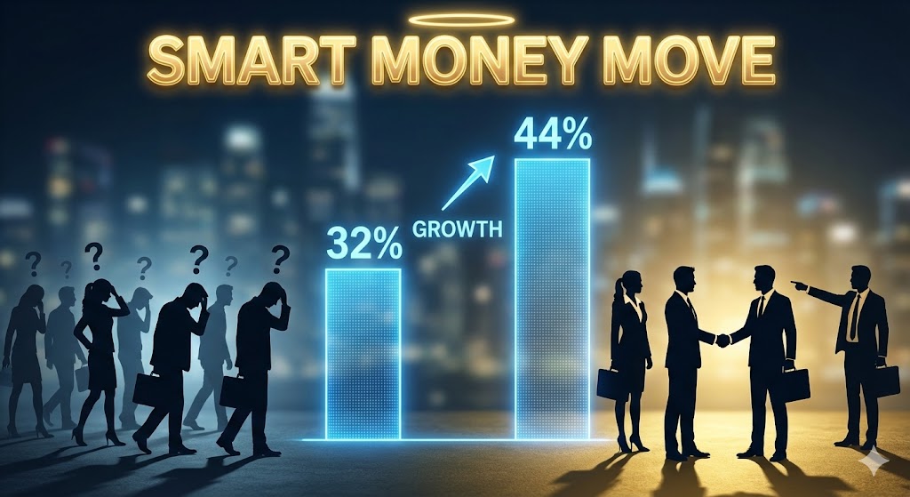 자산가들의 국내 주식 비중이 32%에서 44%로 점프하는 막대그래프. 그래프 위에는 'Smart Money Move'라는 문구가 적혀 있고, 일반 개미들의 매도 행렬과 대비되는 모습