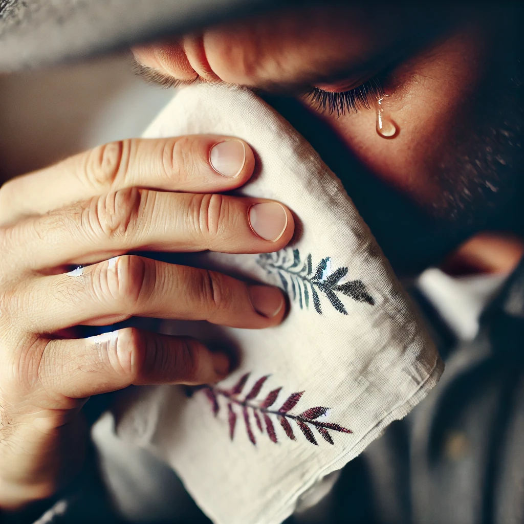 슬픔에 잠긴 사람의 눈물 또는 눈물 닦는 손수건. 유류분 분쟁으로 인한 상처와 아픔 표현.