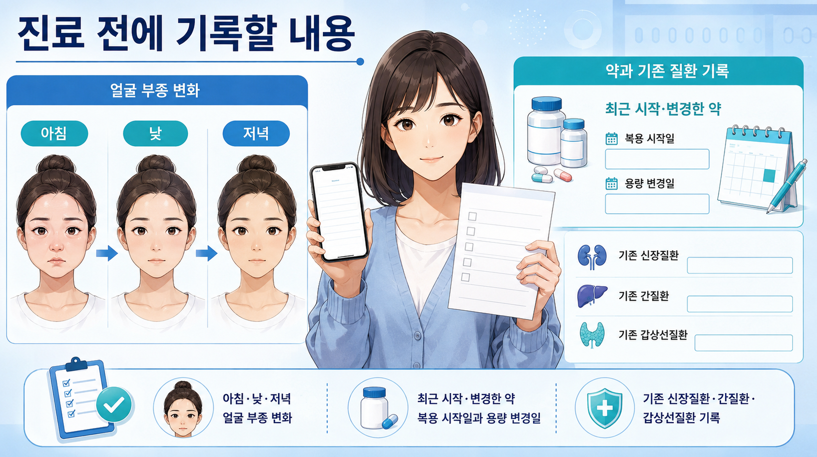 고령자와 임신&middot;산후 환자가 진료 전에 정리해야 할 정보를 비교한 의료 인포그래픽. 왼쪽에는 복용약 목록, 기저질환, 최근 체중 변화를 확인하는 고령 남성이 있고, 오른쪽에는 혈압을 측정하는 임신부와 함께 혈압, 임신 주수, 출산일, 증상 시작일을 기록하는 항목이 배치되어 있다.