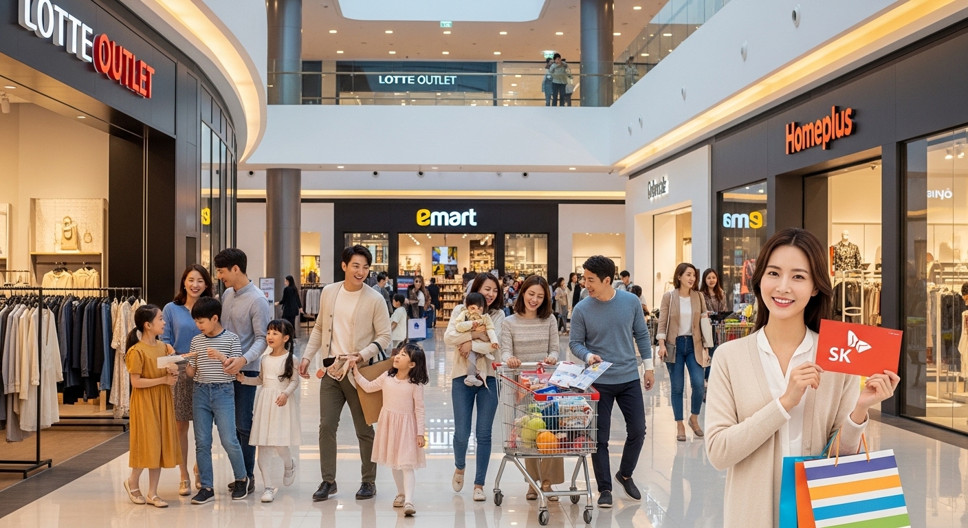 가족과 친구들이 롯데아울렛, 이마트, 홈플러스 등 다양한 오프라인 매장에서 SK상품권으로 즐겁게 쇼핑하는 모습