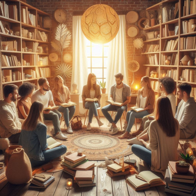 사람들이 책과 함께 편안하게 앉아 대화하며 독서를 하고 있는 모습입니다.