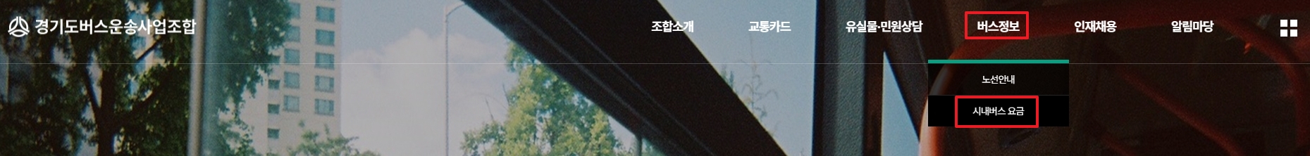 상단 메뉴에서 버스정보 탭을 누르는 모습
