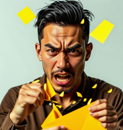 노란색편지 봉투를 찢고있는 동양인남성