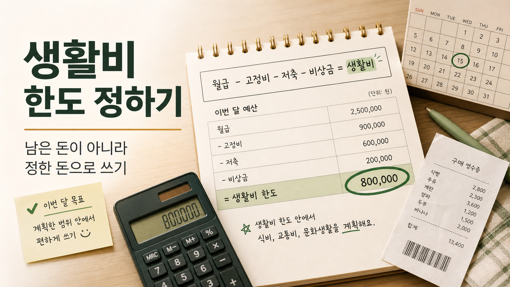 월급날 봉투와 메모에 고정비 생활비 저축 비상금을 나눠 적는 예산 관리 장면