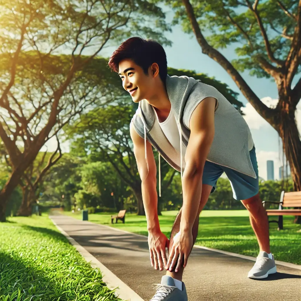 혈당 건강을 위해 공원에서 스트레칭하는 동양인 남성