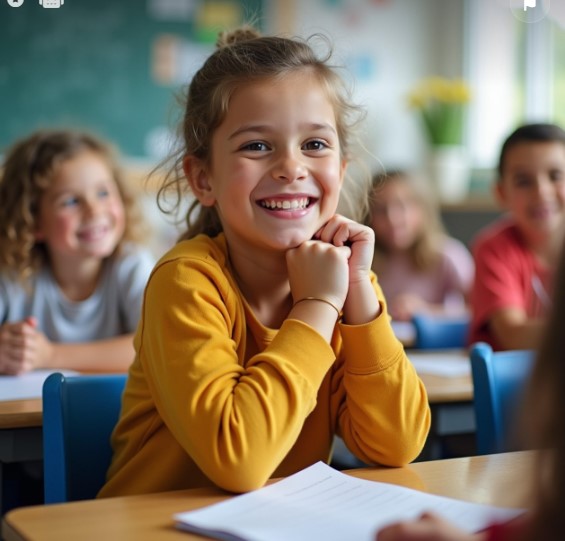 교실에 앉아있는 초등학교 1학년 어린이들