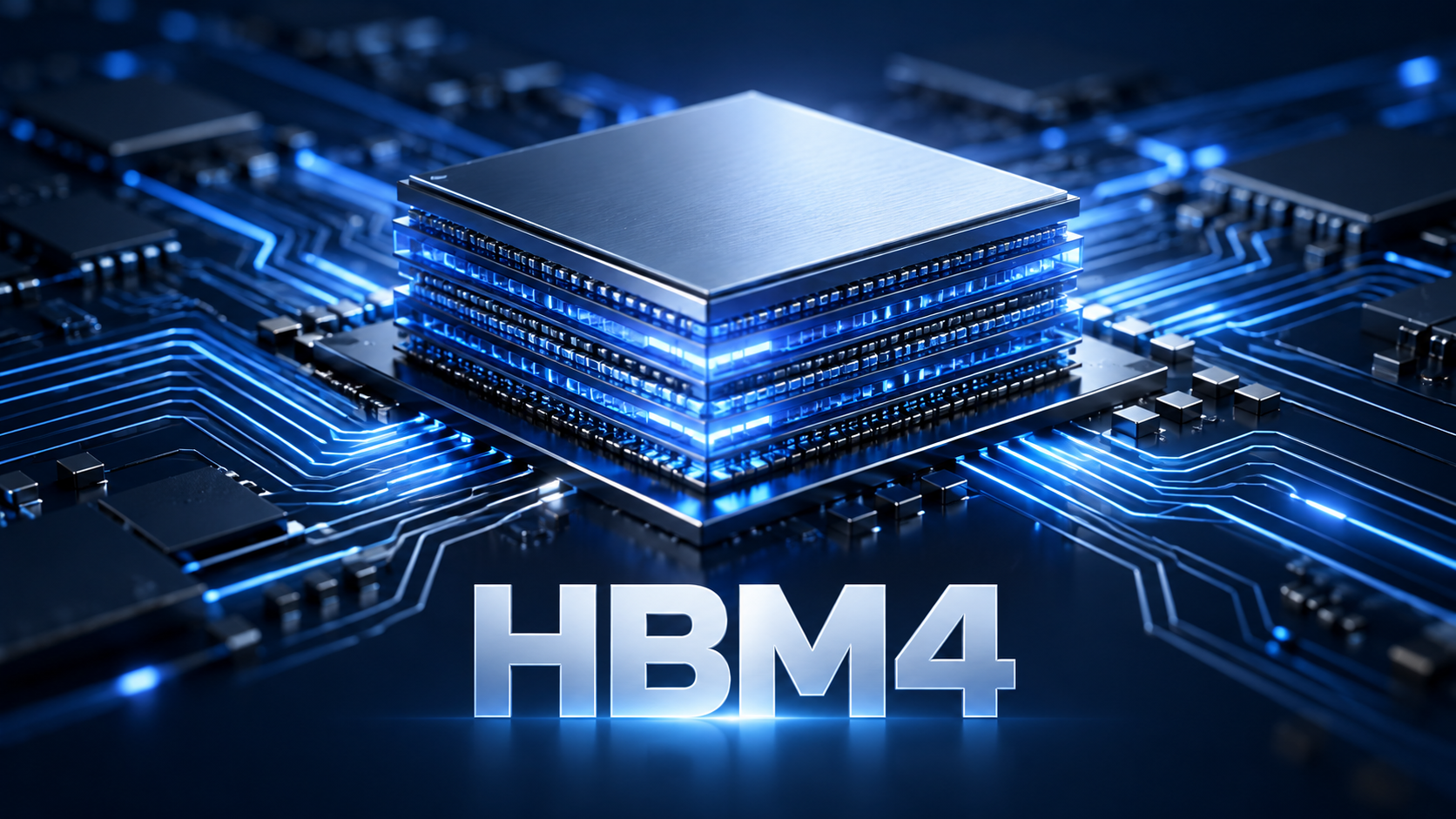 회로 기판 위에 여러 층으로 쌓인 HBM4 메모리 칩 개념 이미지