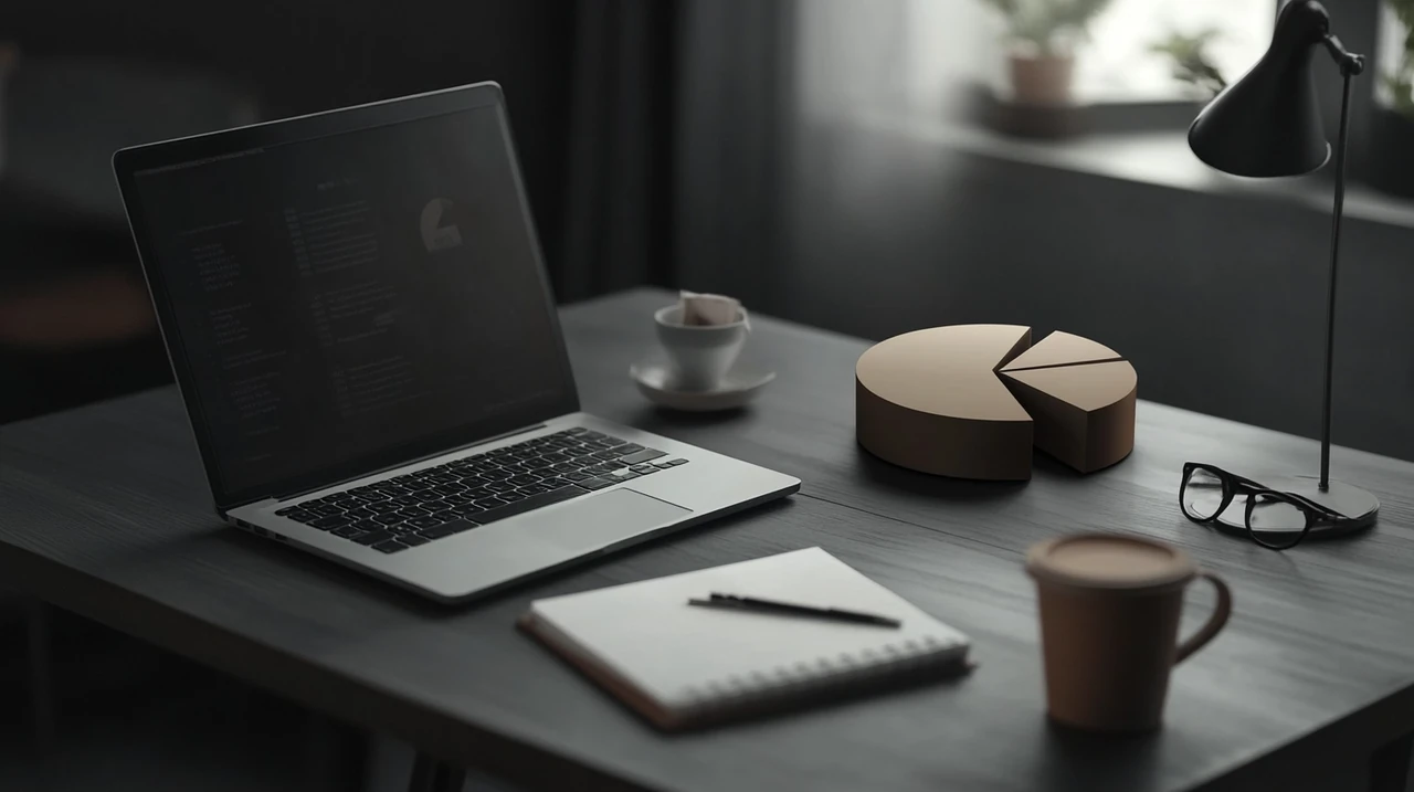 밝은 사무실에서 월배당 ETF 중심의 수익률 및 안정성 비중을 파이차트로 나타낸 장면, 투자 포트폴리오, 분산 투자, FIRE전략, 월지급 ETF, 안정적인 배당금 구조의 중요성 연출