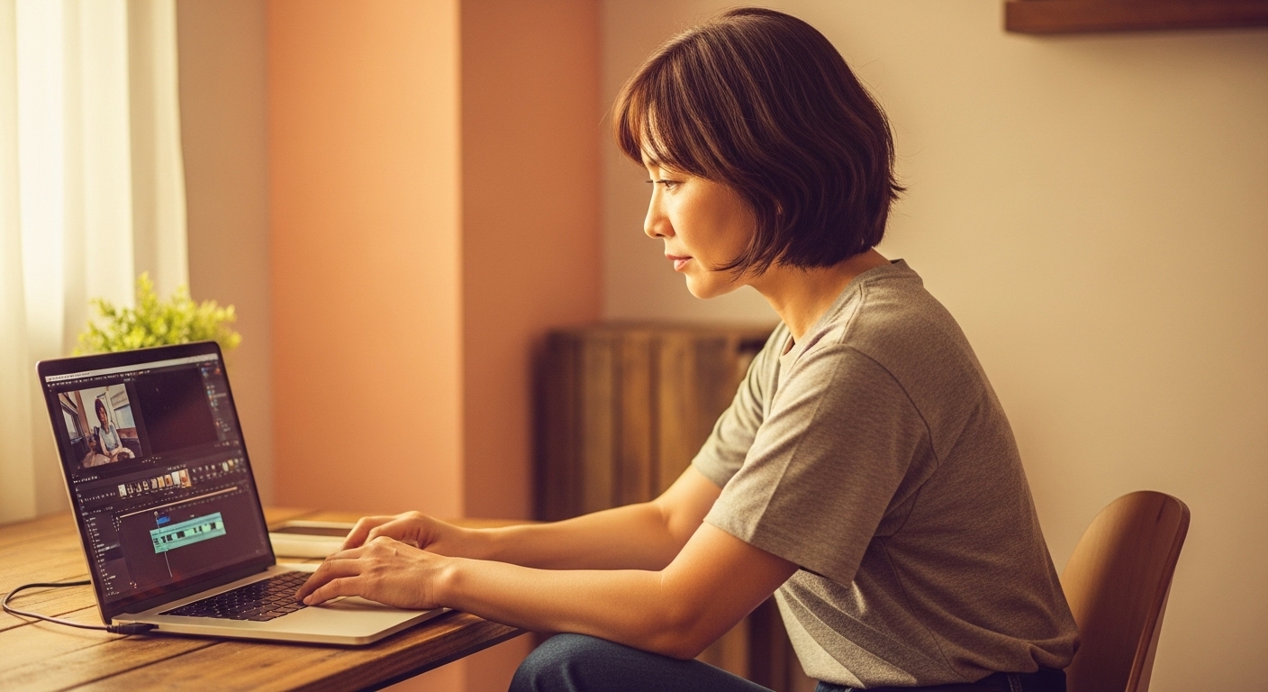 50대 여성이 노트북으로 영상 편집에 집중하는 모습