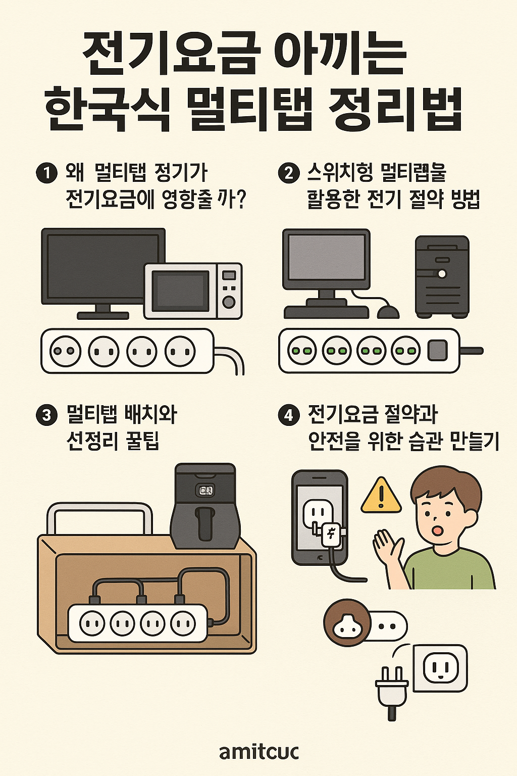 멀티탭을 깔끔하게 정리하고 스위치형 제품을 활용해 대기전력을 차단함으로써 전기요금을 줄이는 한국식 생활 꿀팁을 시각적으로 설명한 인포그래픽