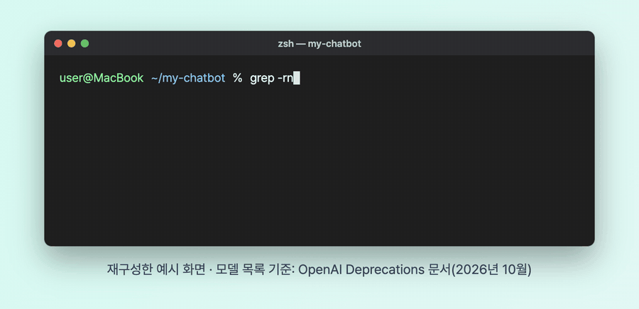 맥 터미널에서 grep으로 종료 예정 모델 이름이 들어간 파일과 줄 번호를 찾는 과정을 재구성한 움직이는 화면