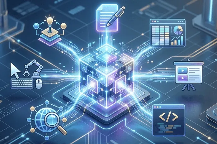 GPT-5.4 성능, 차이점, 활용법: 중앙에 밝게 빛나는 큐브 형태의 AI 코어가 위치하며, 푸른빛의 데이터 선들이 뻗어나와 주변의 다양한 업무 아이콘들과 연결된 모습입니다. 문서 작성, 스프레드시트 차트, 프레젠테이션, 코딩, 리서치, 그리고 에이전트 자동화를 상징하는 마우스와 로봇 팔 기호가 포함되어 있습니다. 텍스트 없이 직관적인 기호와 세련된 3D 그래픽을 통해 GPT-5.4의 범용적인 실무 통합 능력을 시각적으로 명확하게 전달합니다. (GPT-5.4, AI Agent, Universal Model, Workflow Integration)