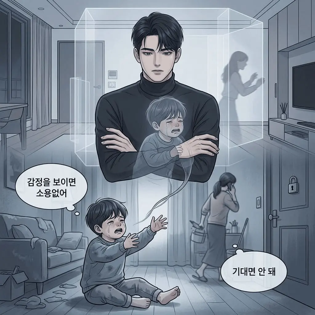 회피형 남자가 회피형 애착이 형성되는 어린 시절의 정서적 거리감과 감정 억압 장면