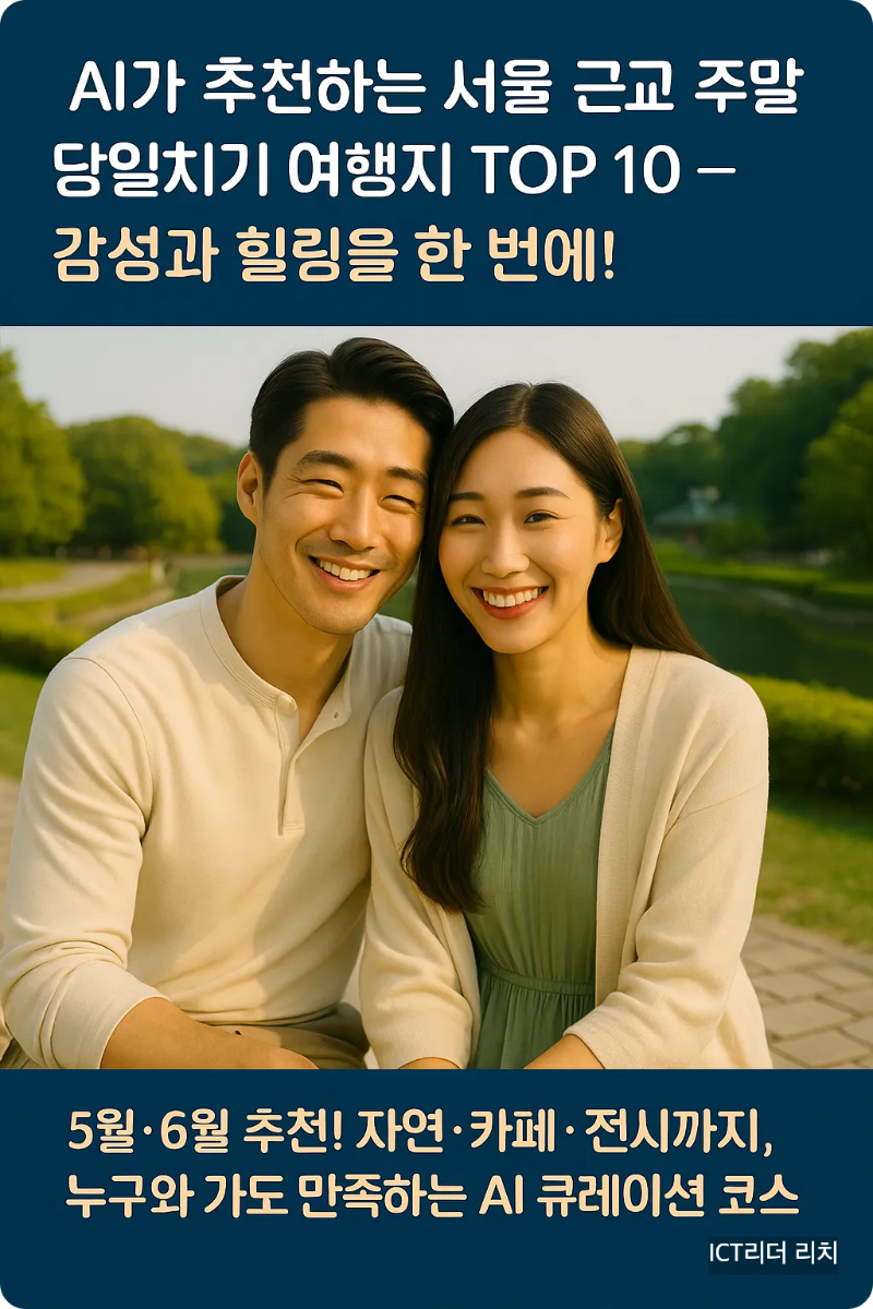 AI가 추천한 서울 근교 주말 당일치기 여행지를 계획 중인 20대 커플이 감성적인 도시 전경 앞에서 함께 지도를 보는 모습
