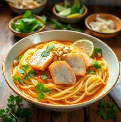 태국 카놈찐 남야(Kanom Jeen Nam Ya) – 집에서 재배한 허브와 생선을 곁들인 쌀국수