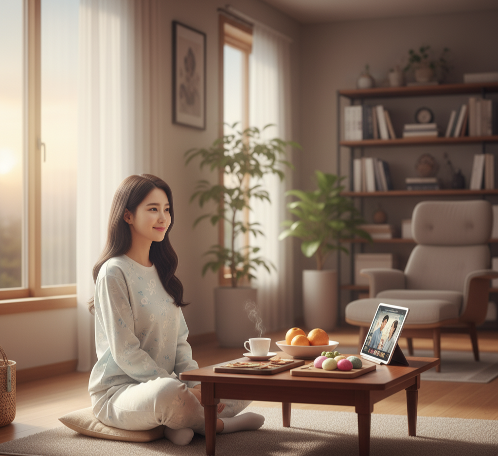 추석에 혼자 집에서 영상통화하며 명절을 보내는 모습