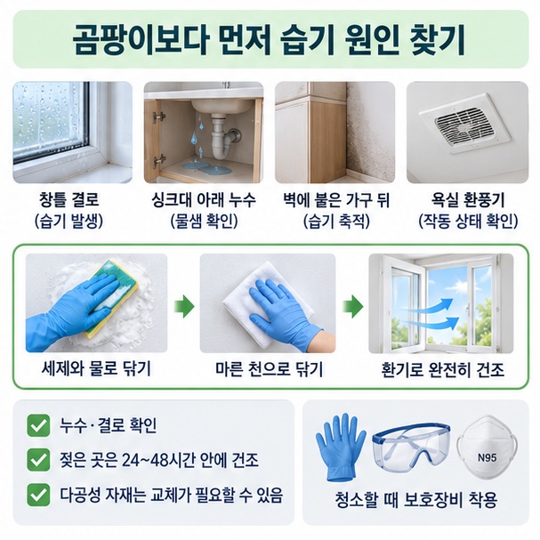 집 안 누수, 결로, 가구 뒤 습기를 확인하고 단단한 표면의 곰팡이를 세척·건조하는 과정을 표현한 이미지