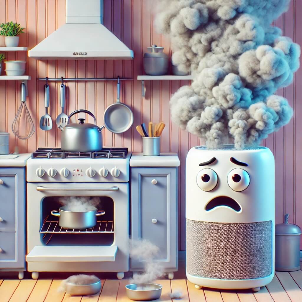 공기청정기가 요리로 발생한 연기와 기름입자로 인해 고통받고 있는 모습