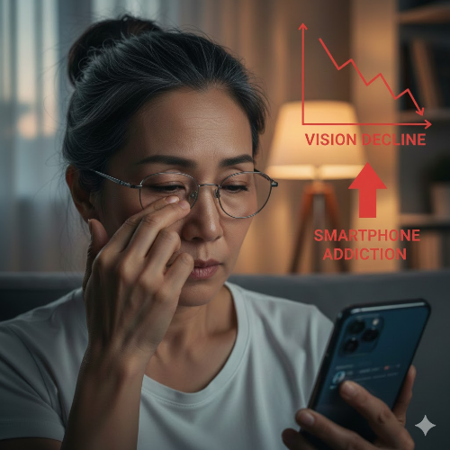시력 저하와 스마트폰 중독의 연관성을 보여주는 이미지