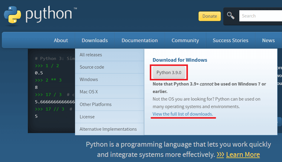 파이썬 다운로드 사이트에서 파이썬 다운로드