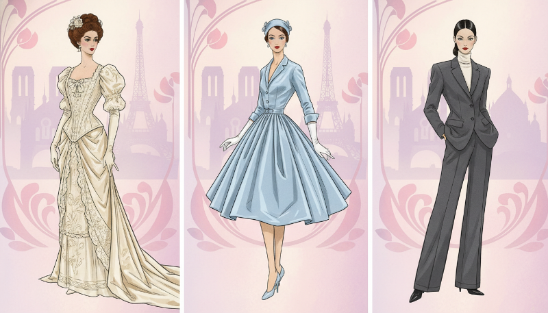 20세기 패션의 변천사를 보여주는 화려한 일러스트레이션. 1900년대 드레스부터 1990년대 미니멀리즘까지의 흐름을 상징적으로 표현함.