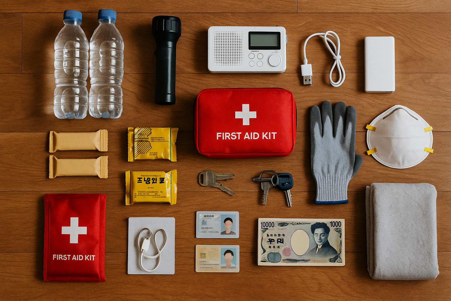 손전등·라디오·보조배터리·물·에너지바·구급함·장갑·마스크·현금·열쇠 등 지진 비상가방 구성품