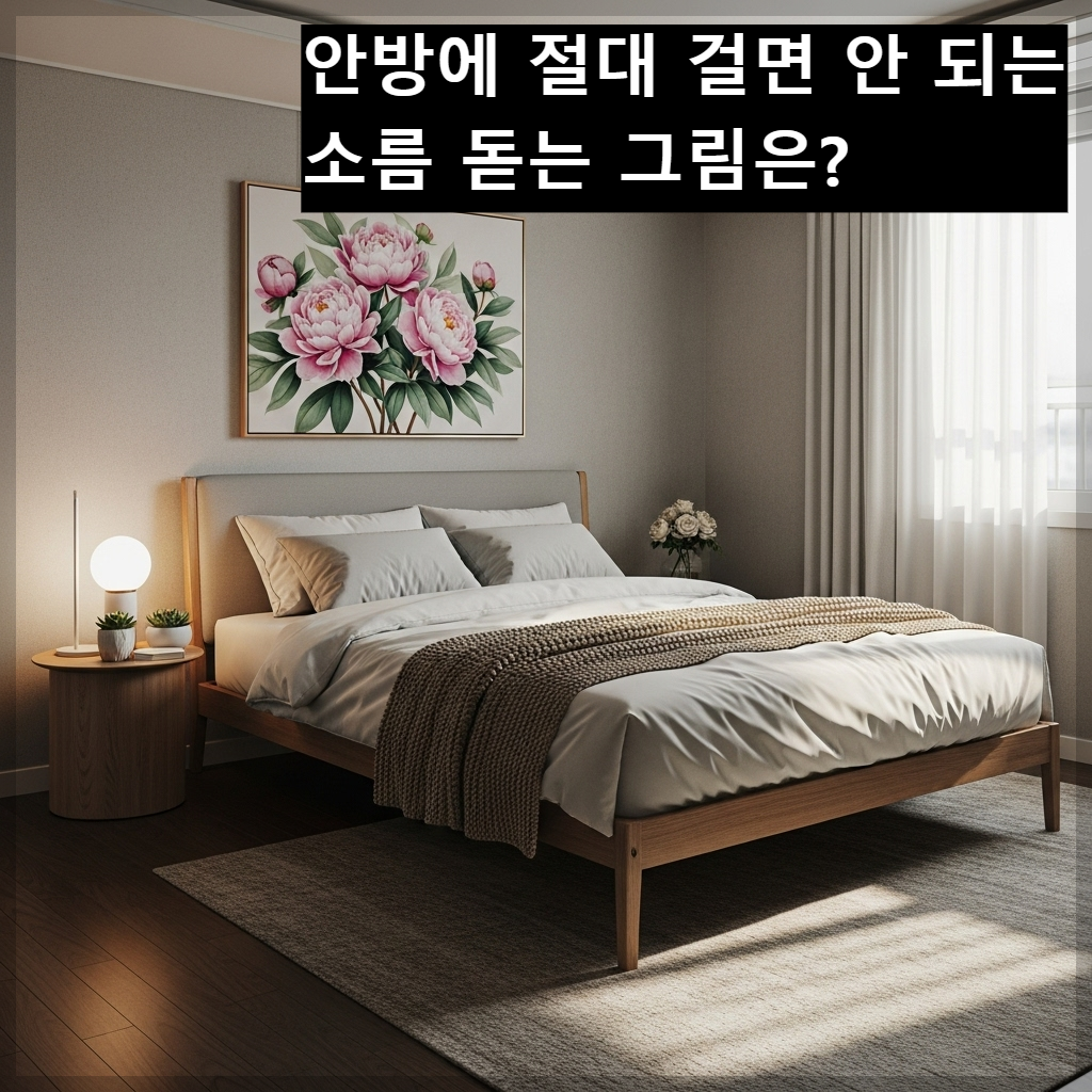 한국식 아파트 안방 침실 벽면에 화사하게 만개한 분홍색 모란꽃 그림 액자가 걸려 있어 부부 금슬을 좋게 하는 따뜻한 인테리어 모습