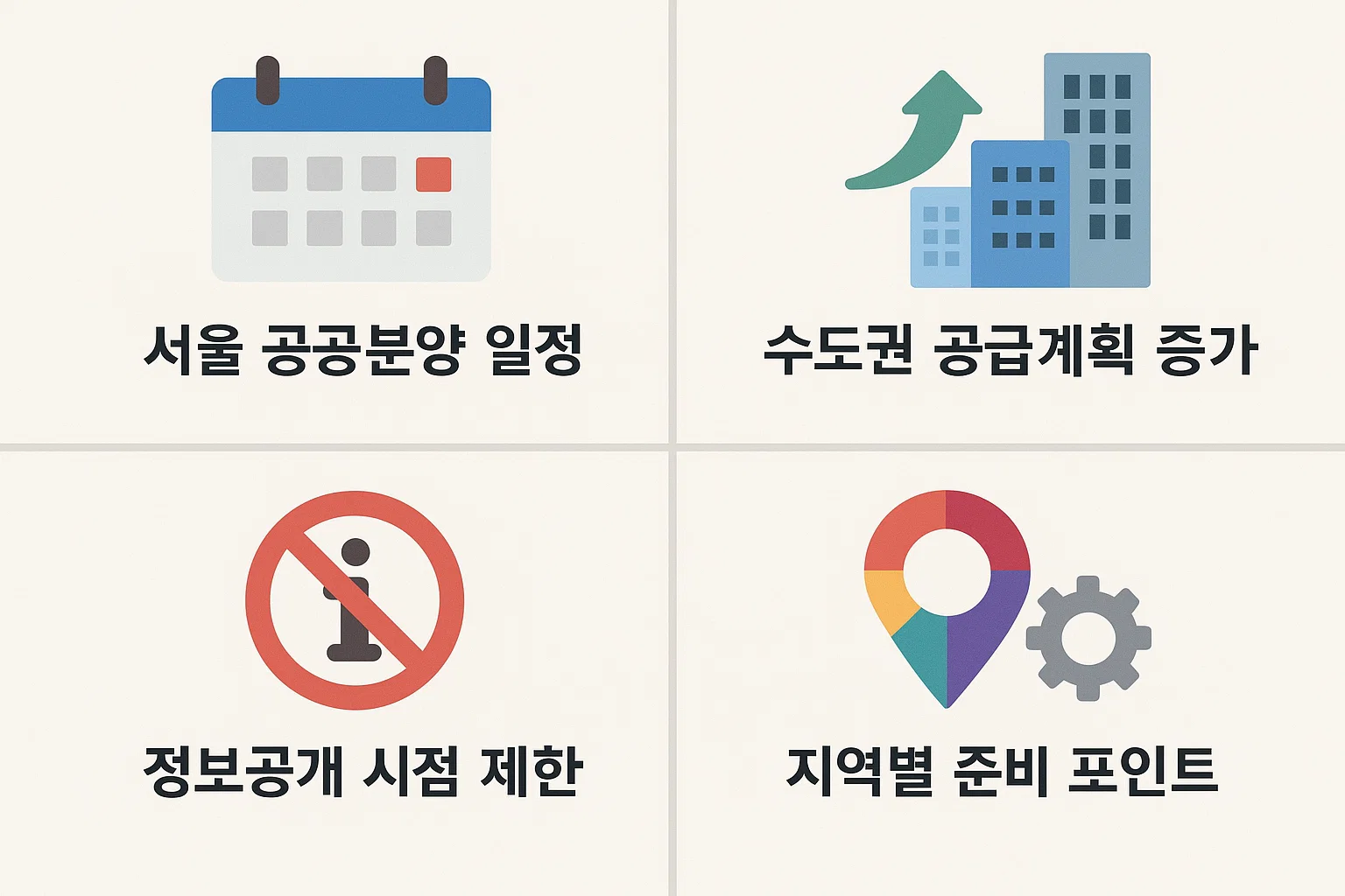 서울 공공분양예정 아파트의 공급 일정, 수도권 공급계획 증가, 정보공개 시점 제한, 지역별 청약 준비 포인트를 정리한 인포그래픽 자료