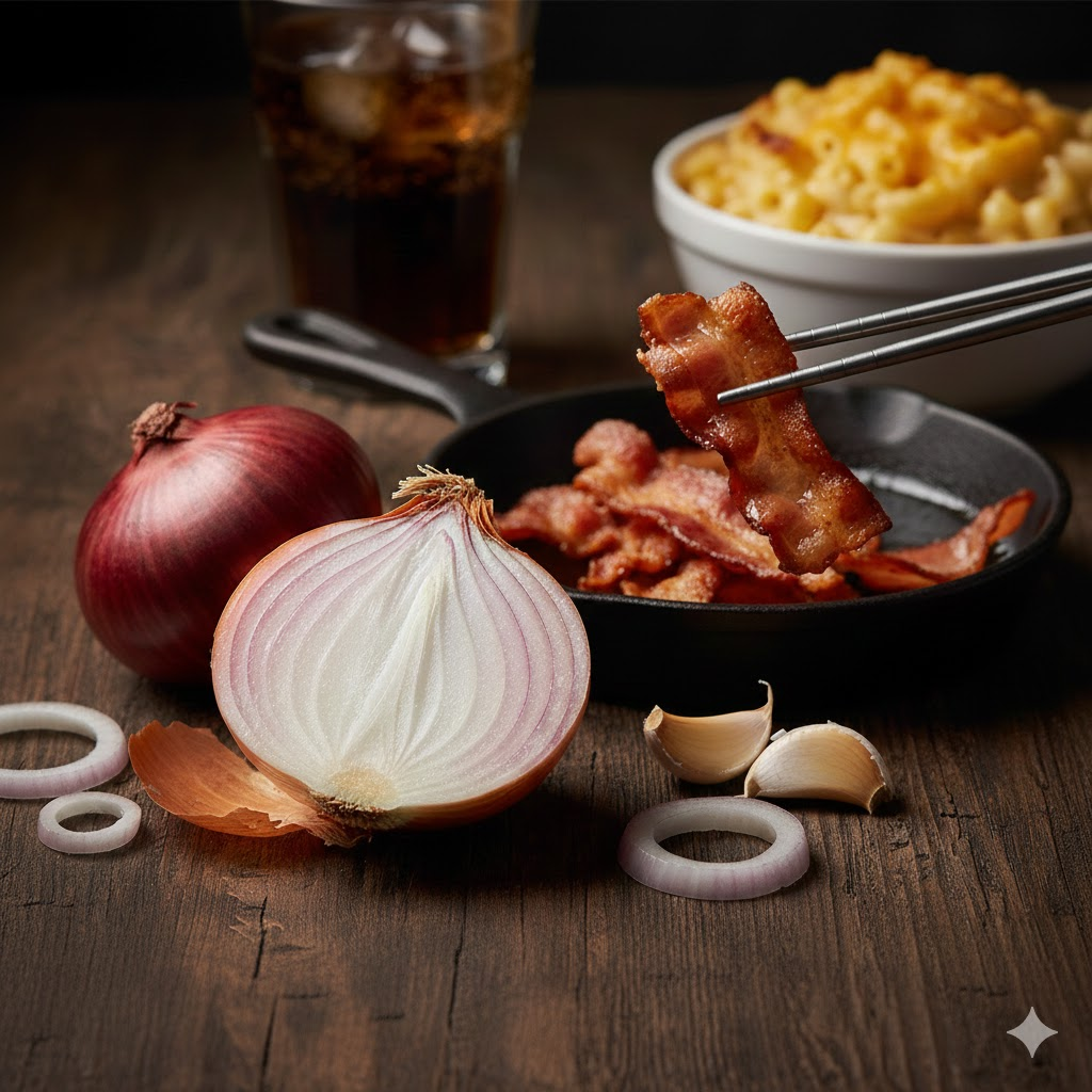 기름진 요리 옆에 놓인 신선한 양파 사진