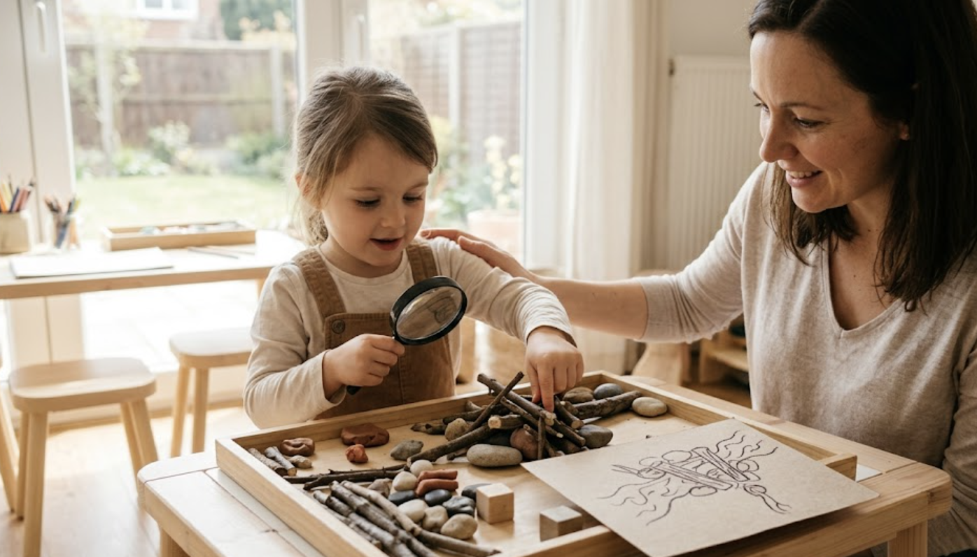 레지오 에밀리아 교육법 실천 사례: 비버 프로젝트를 진행하며 드로잉으로 자신만의 댐 설계도를 그리는 5세 아이, 엄마의 열린 질문과 비계 설정을 이미지화