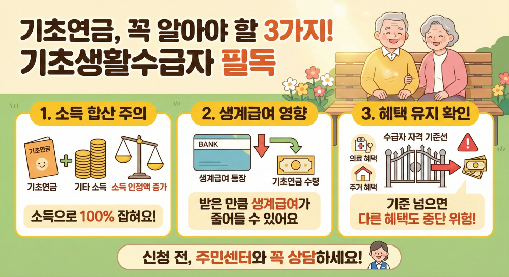 기초생활수급자가 기초연금 신청 전 알아야 할 3가지 핵심 영향을 설명하는 인포그래픽